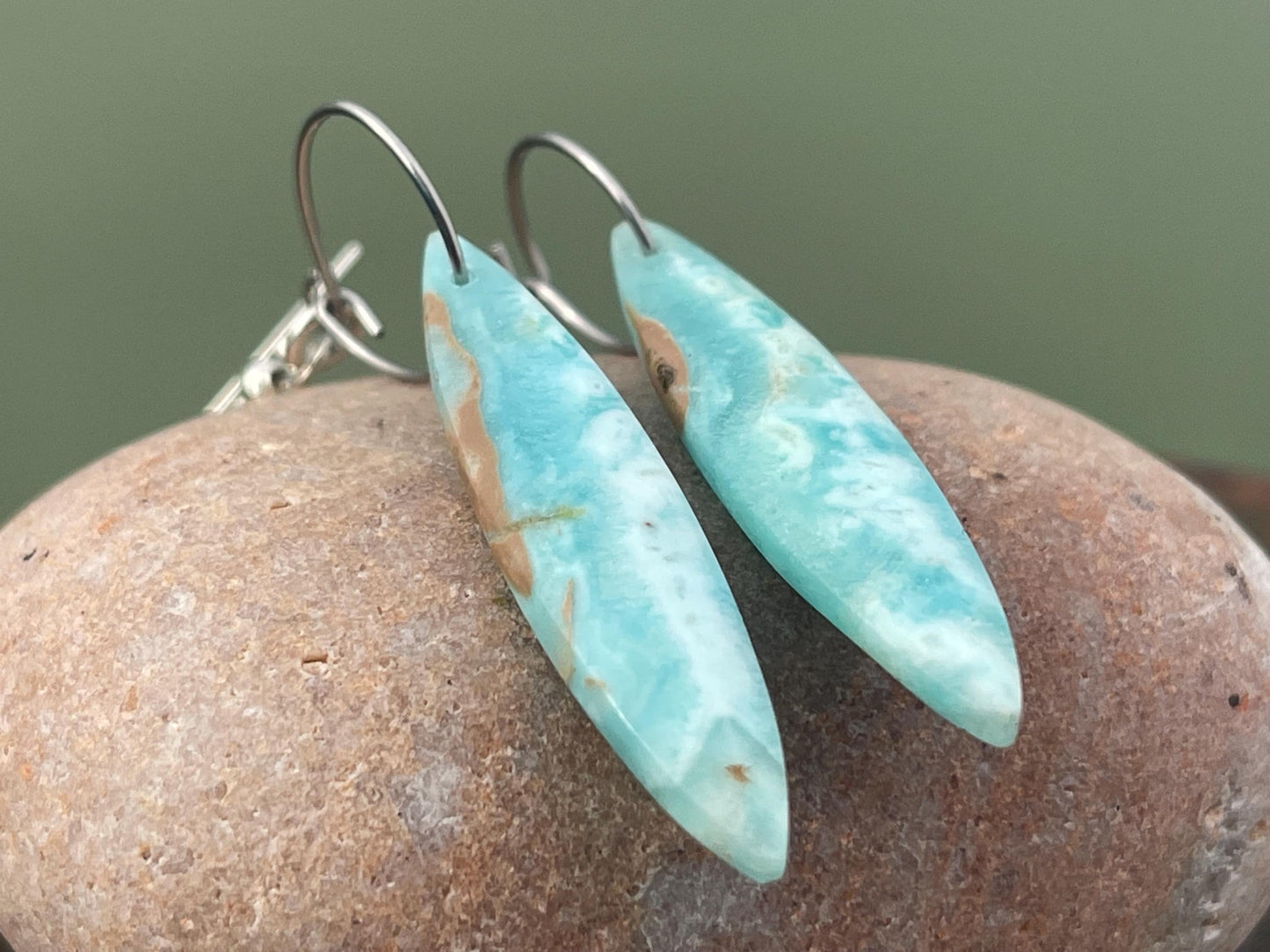 Hemimorphite Marquise gemstone earrings on sterling silver. Ethical jewellery, blue gemstone earrings. Stunning unique jewellery. Unique.