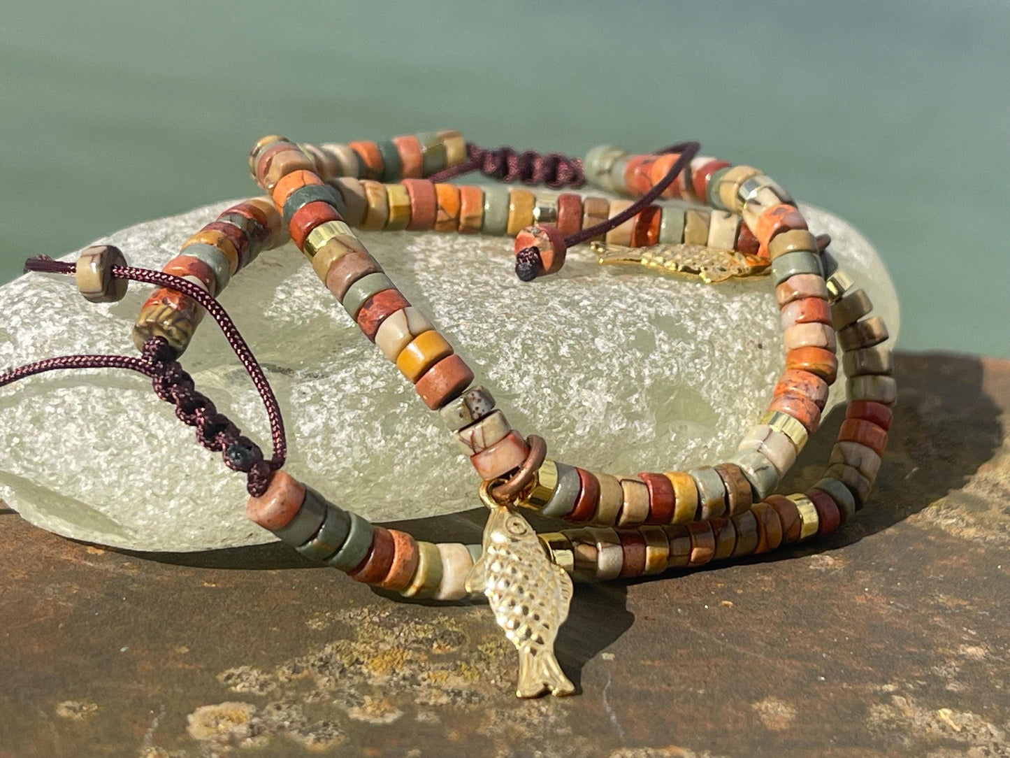 Adjustable Picasso jasper gemstone bracelet, handmade gift for him or her. Ethical jewellery, handmade unique jewellery.