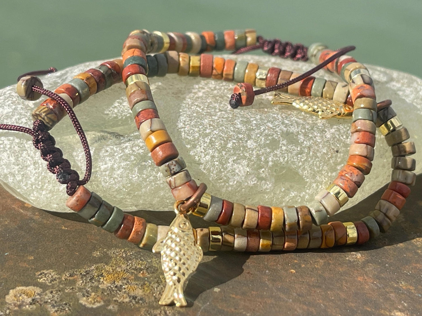 Adjustable Picasso jasper gemstone bracelet, handmade gift for him or her. Ethical jewellery, handmade unique jewellery.