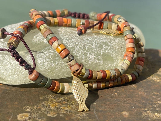 Adjustable Picasso jasper gemstone bracelet, handmade gift for him or her. Ethical jewellery, handmade unique jewellery.