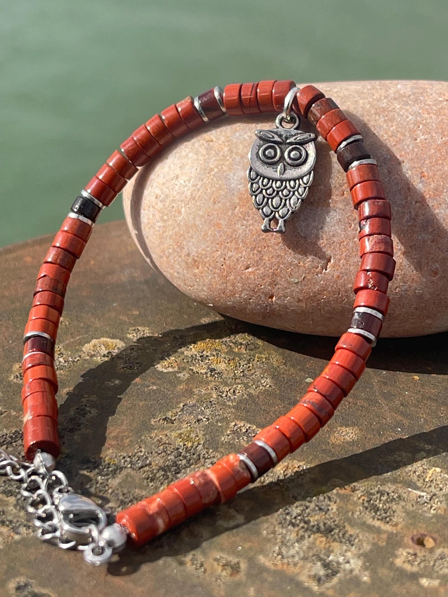 Adjustable red jasper gemstone bracelet, handmade gift for him or her. Ethical jewellery, unique jewellery. Owl bracelet. Owl jewellery.