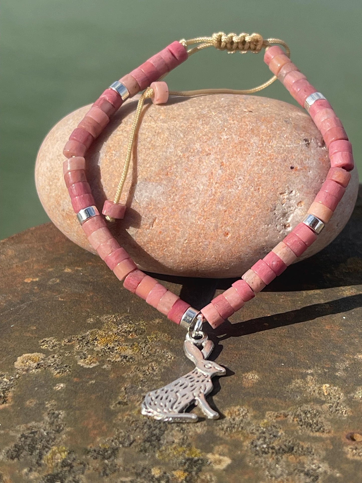 Adjustable rhodonite pink gemstone bracelet, handmade gift for him or her. Ethical jewellery, unique jewellery. Hare bracelet.