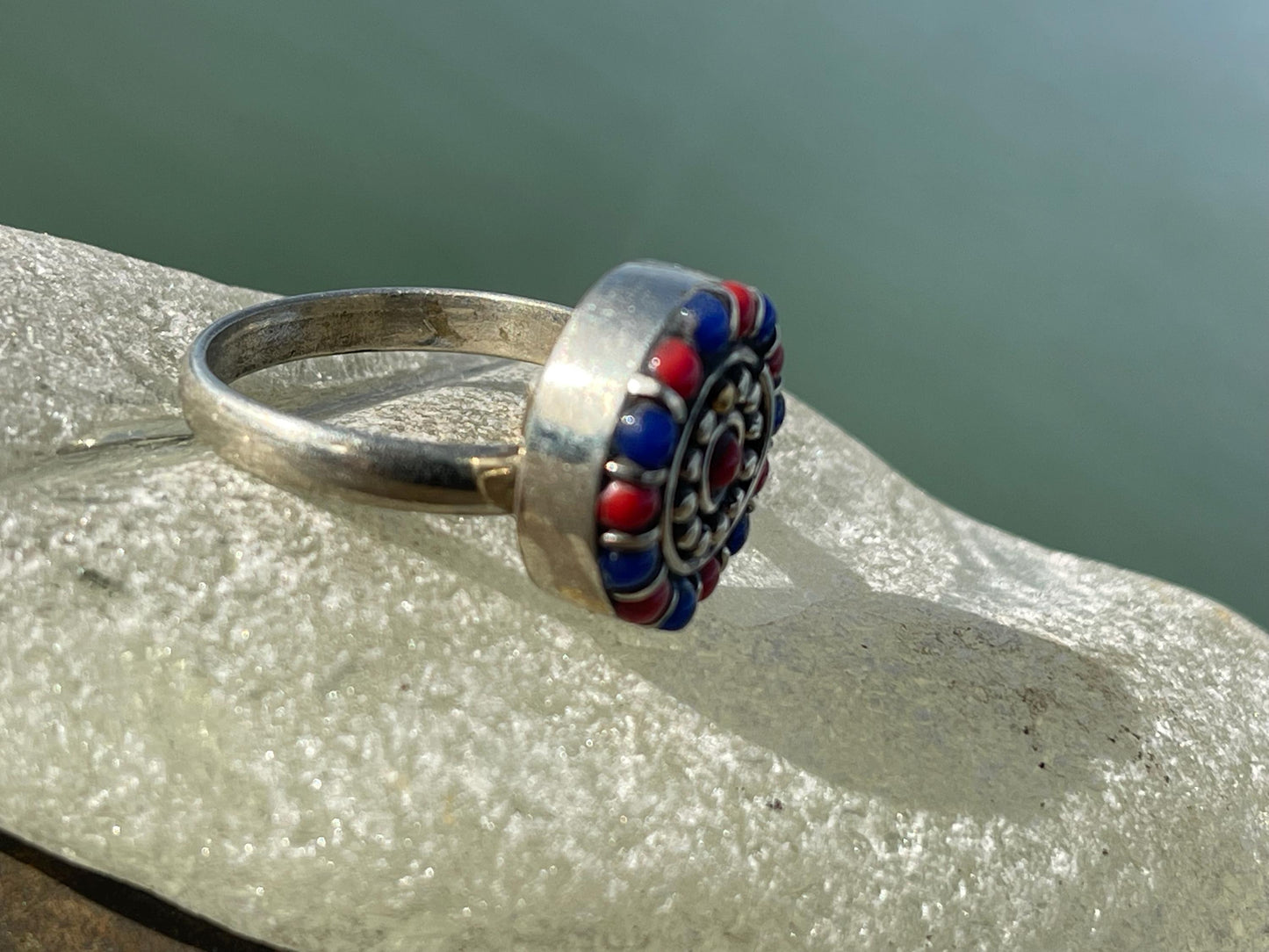 Fabulous vintage turquoise ring, silver & red ring, boho vintage jewellery, ethical jewellery, gypsy ring. Eco friendly jewellery.