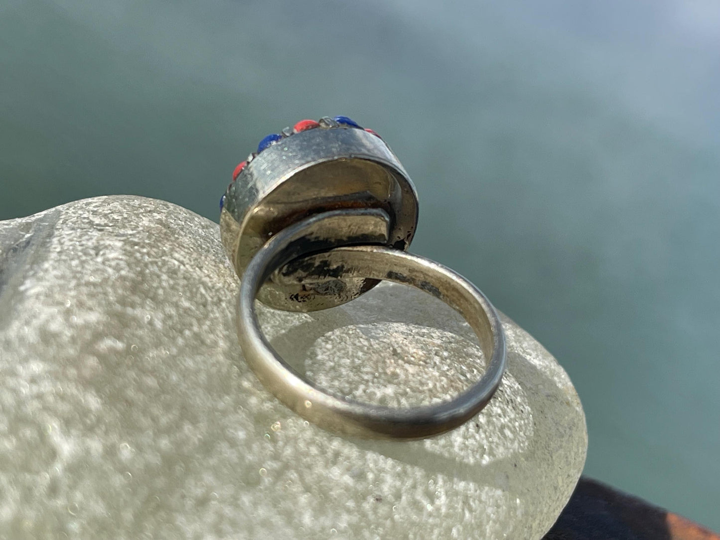 Fabulous vintage turquoise ring, silver & red ring, boho vintage jewellery, ethical jewellery, gypsy ring. Eco friendly jewellery.