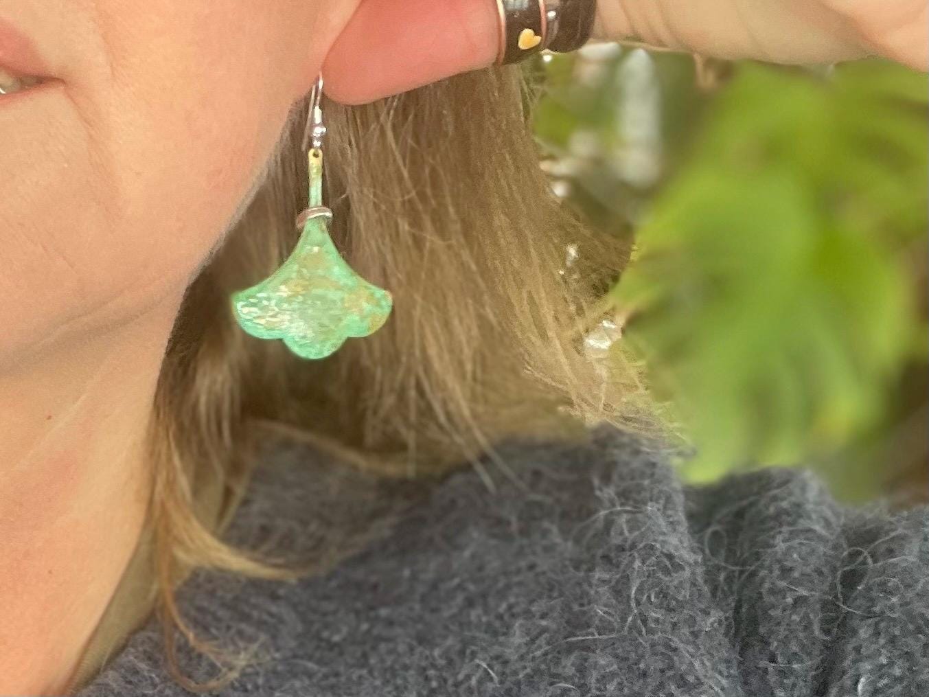 Handmade leaf earrings. Rustic earrings, unusual earrings, unusual gift for her, blue earrings, boho earrings, large statement earrings.