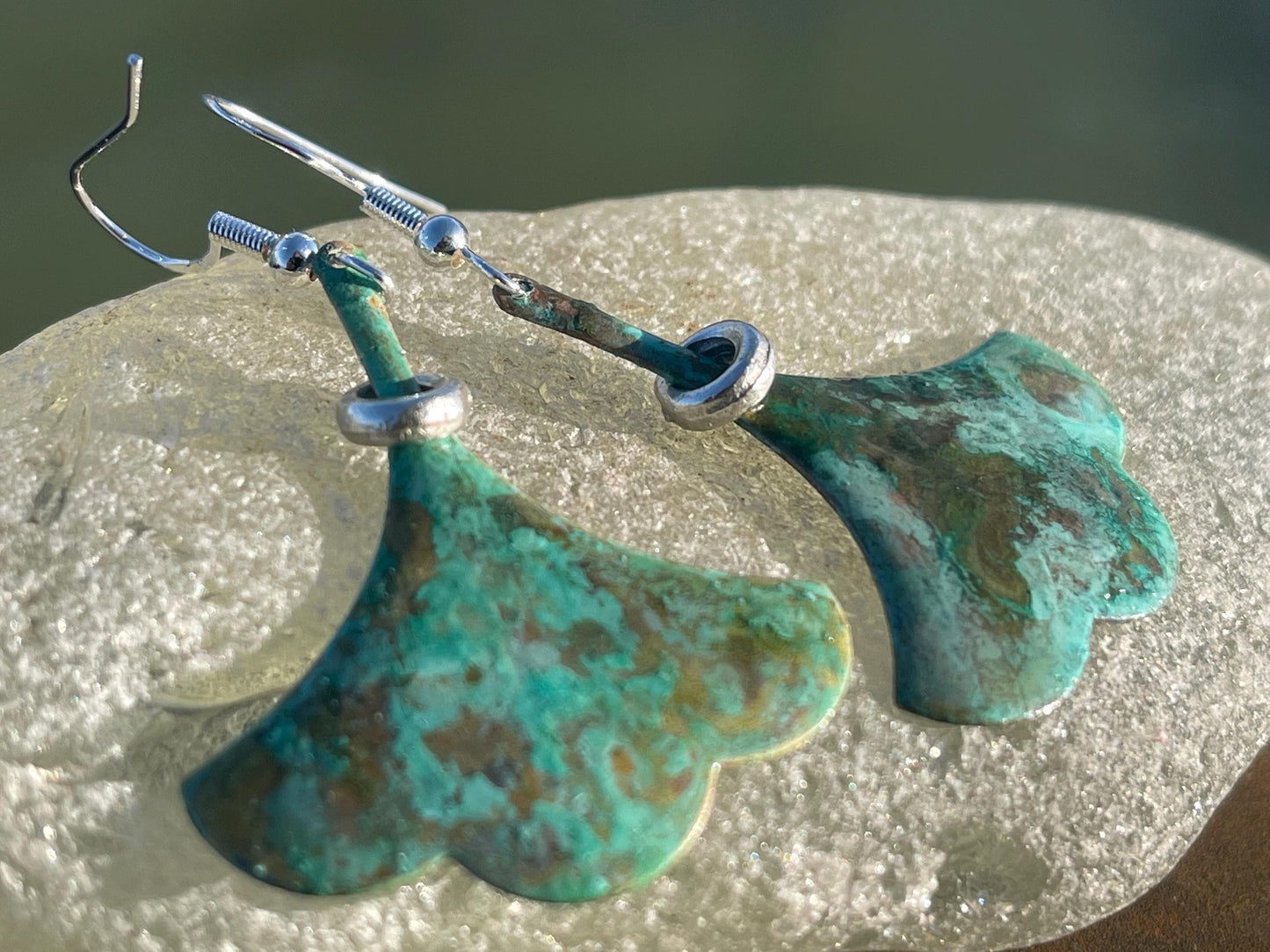 Handmade leaf earrings. Rustic earrings, unusual earrings, unusual gift for her, blue earrings, boho earrings, large statement earrings.