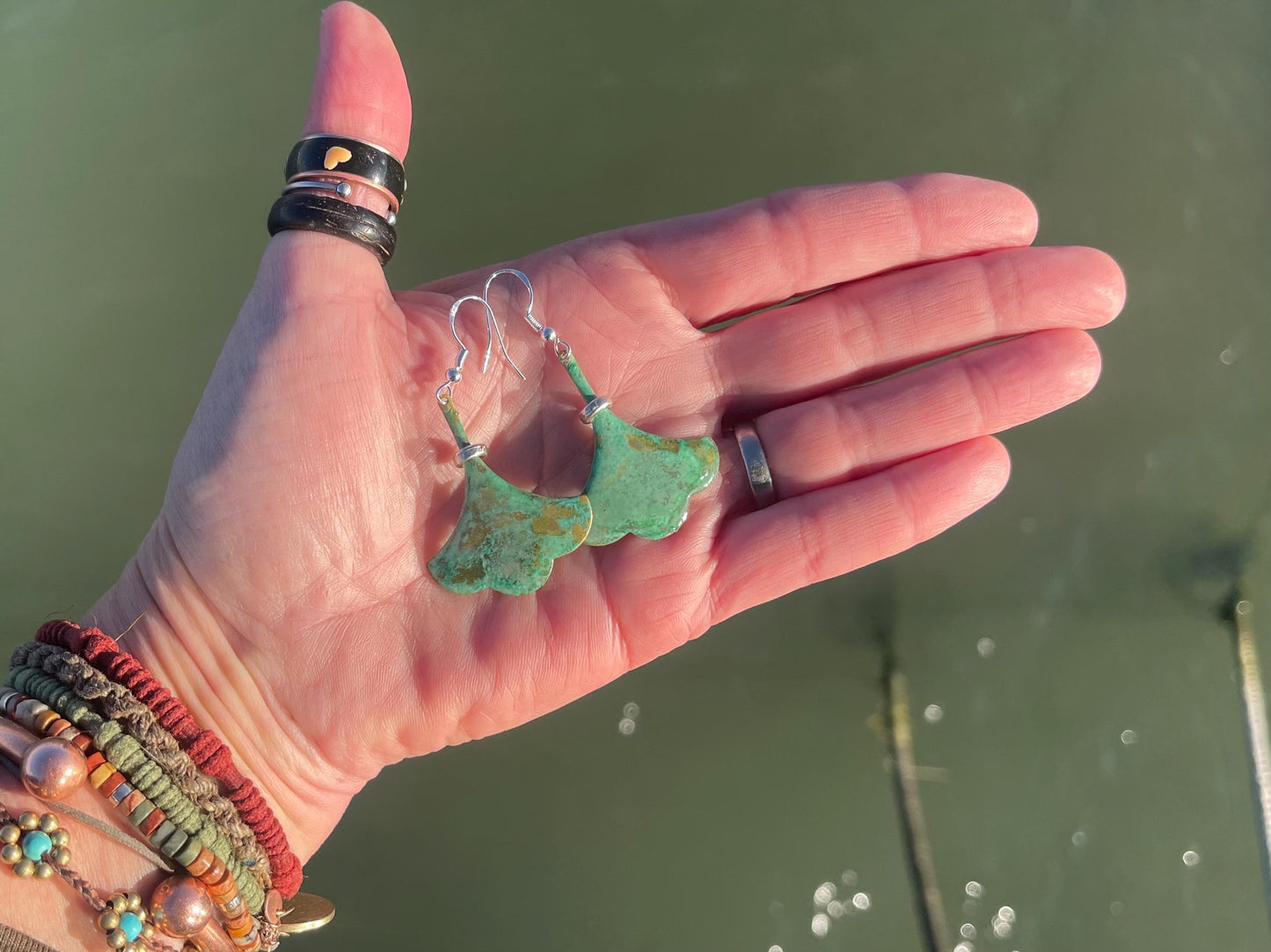 Handmade leaf earrings. Rustic earrings, unusual earrings, unusual gift for her, blue earrings, boho earrings, large statement earrings.