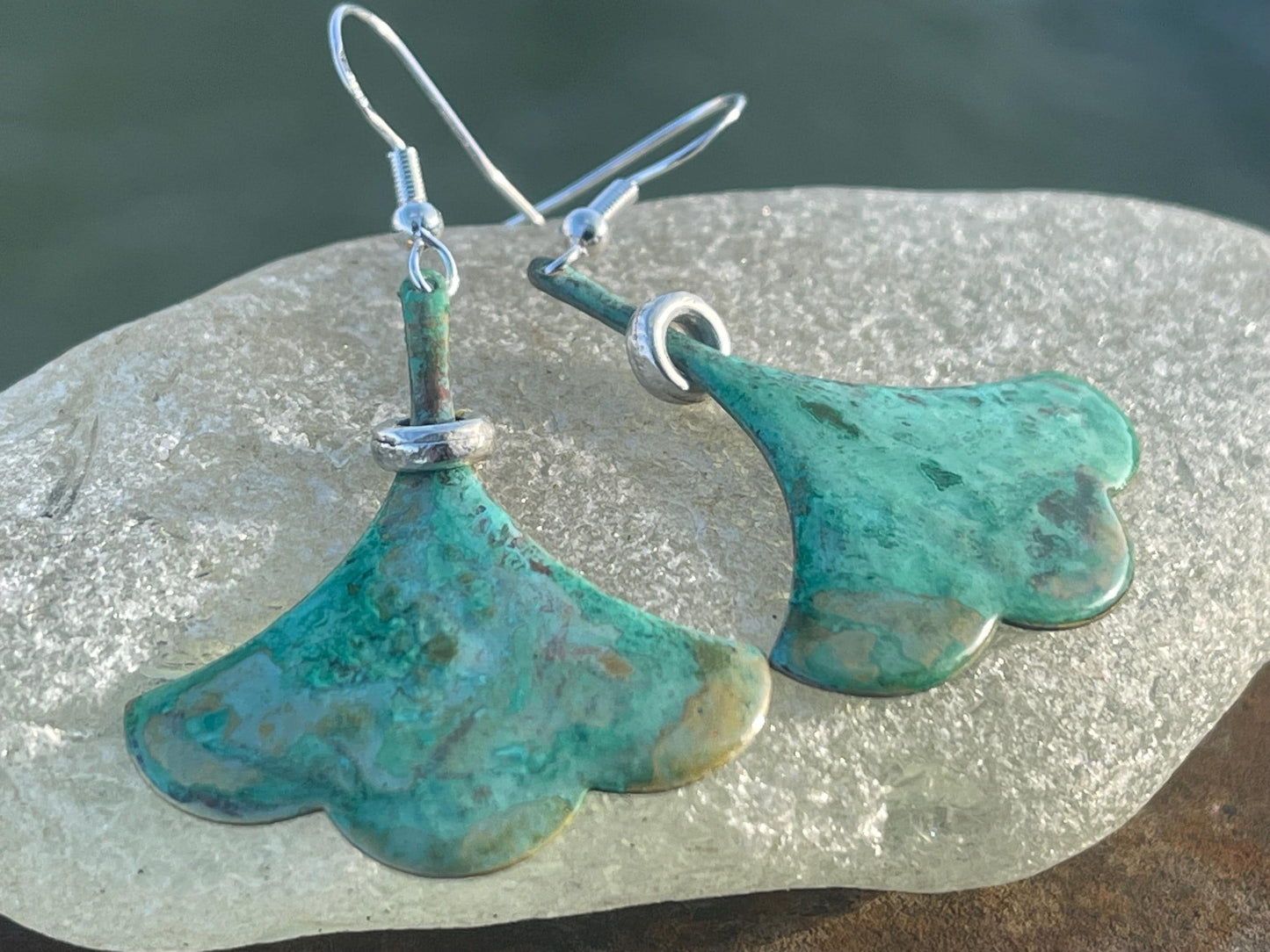 Handmade leaf earrings. Rustic earrings, unusual earrings, unusual gift for her, blue earrings, boho earrings, large statement earrings.