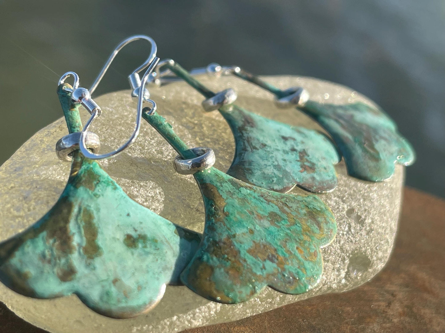 Handmade leaf earrings. Rustic earrings, unusual earrings, unusual gift for her, blue earrings, boho earrings, large statement earrings.