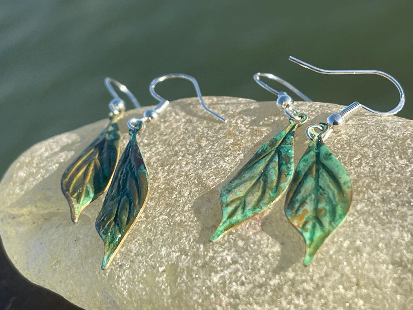 Handmade leaf earrings. Rustic earrings, unusual earrings, unusual gift for her, blue earrings, boho earrings, heart jewellery, hippy gift