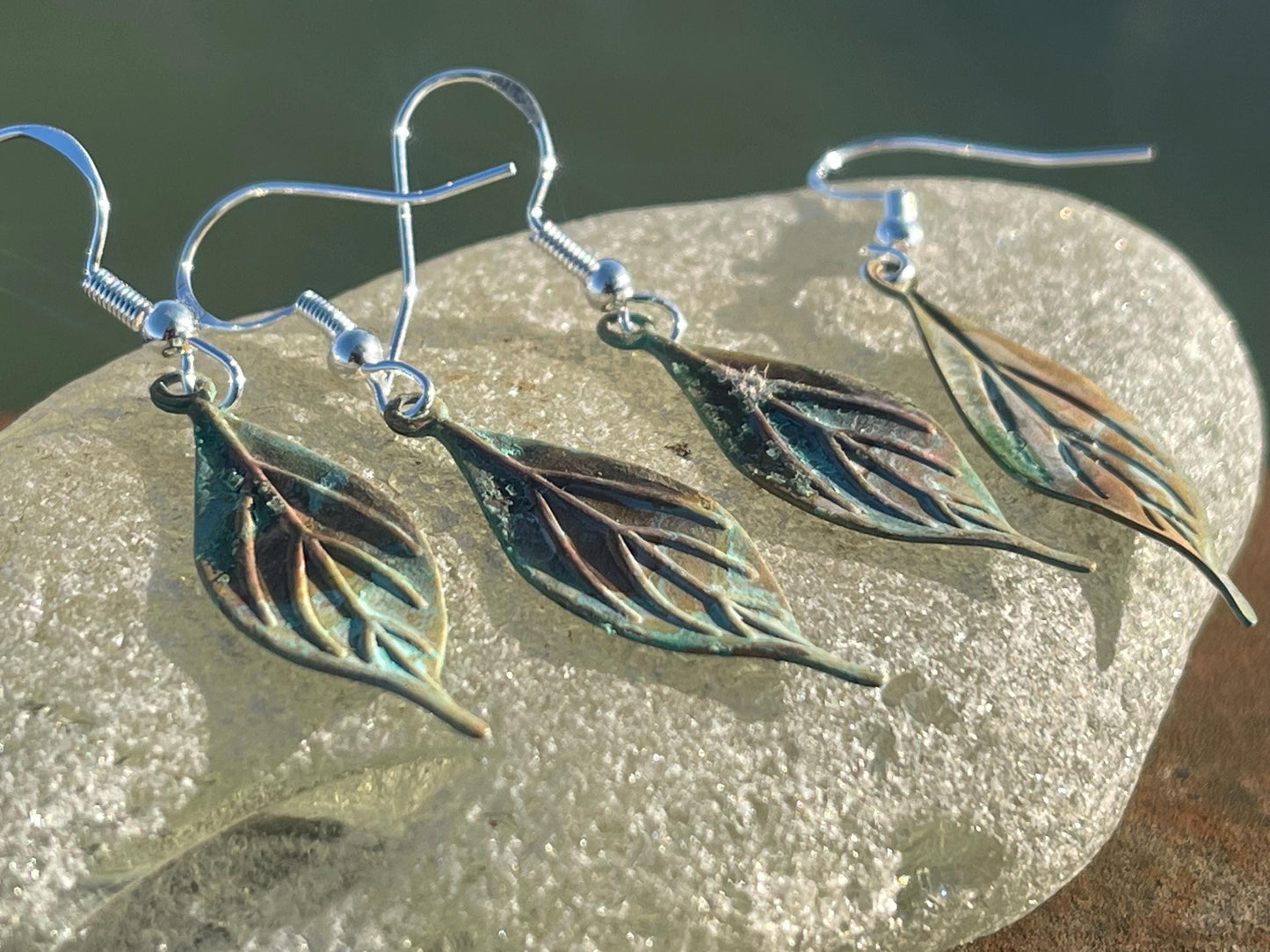 Handmade leaf earrings. Rustic earrings, unusual earrings, unusual gift for her, blue earrings, boho earrings, heart jewellery, hippy gift