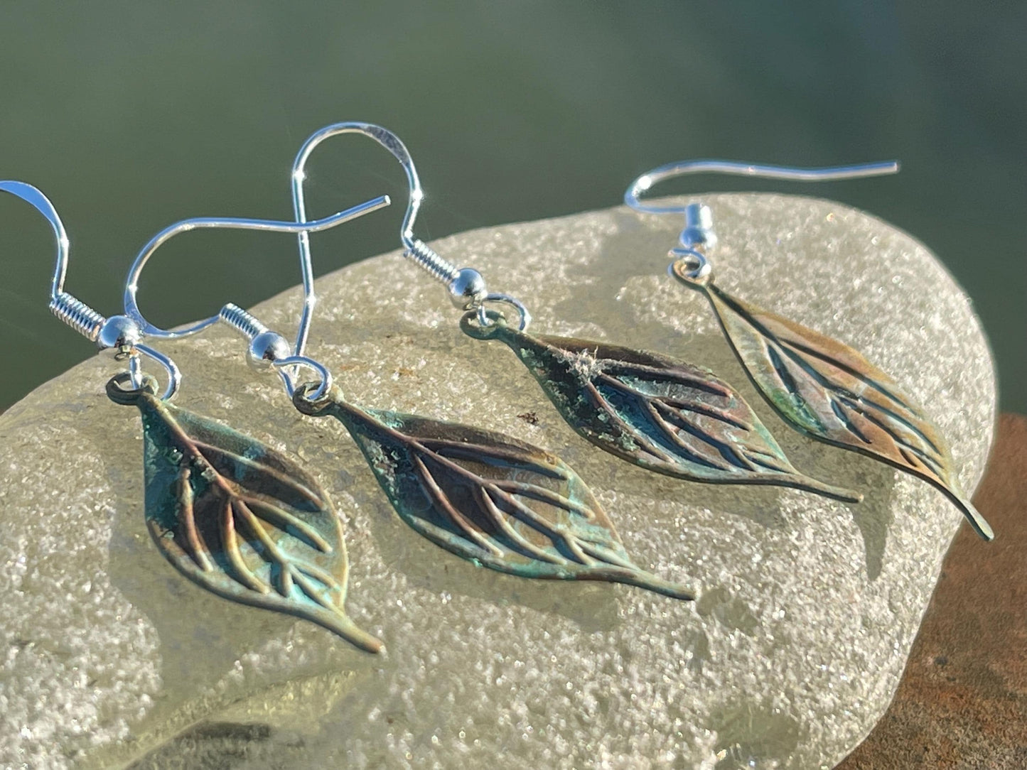 Handmade leaf earrings. Rustic earrings, unusual earrings, unusual gift for her, blue earrings, boho earrings, heart jewellery, hippy gift