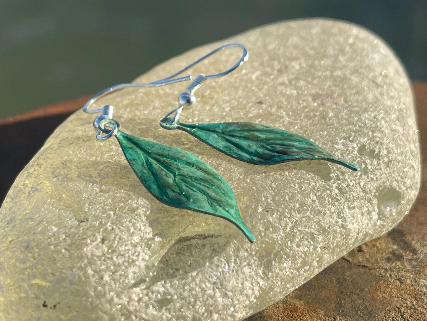 Handmade leaf earrings. Rustic earrings, unusual earrings, unusual gift for her, blue earrings, boho earrings, heart jewellery, hippy gift