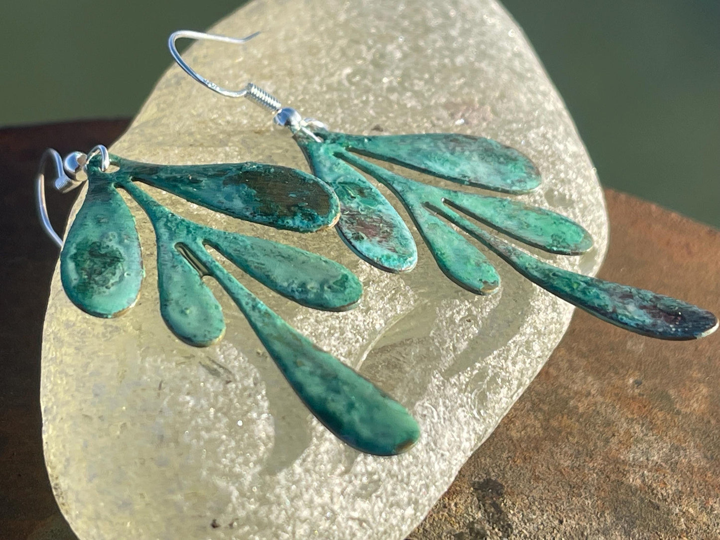 Handmade leaf earrings. Rustic earrings, unusual earrings, unusual gift for her, blue earrings, boho earrings, heart jewellery, hippy gift