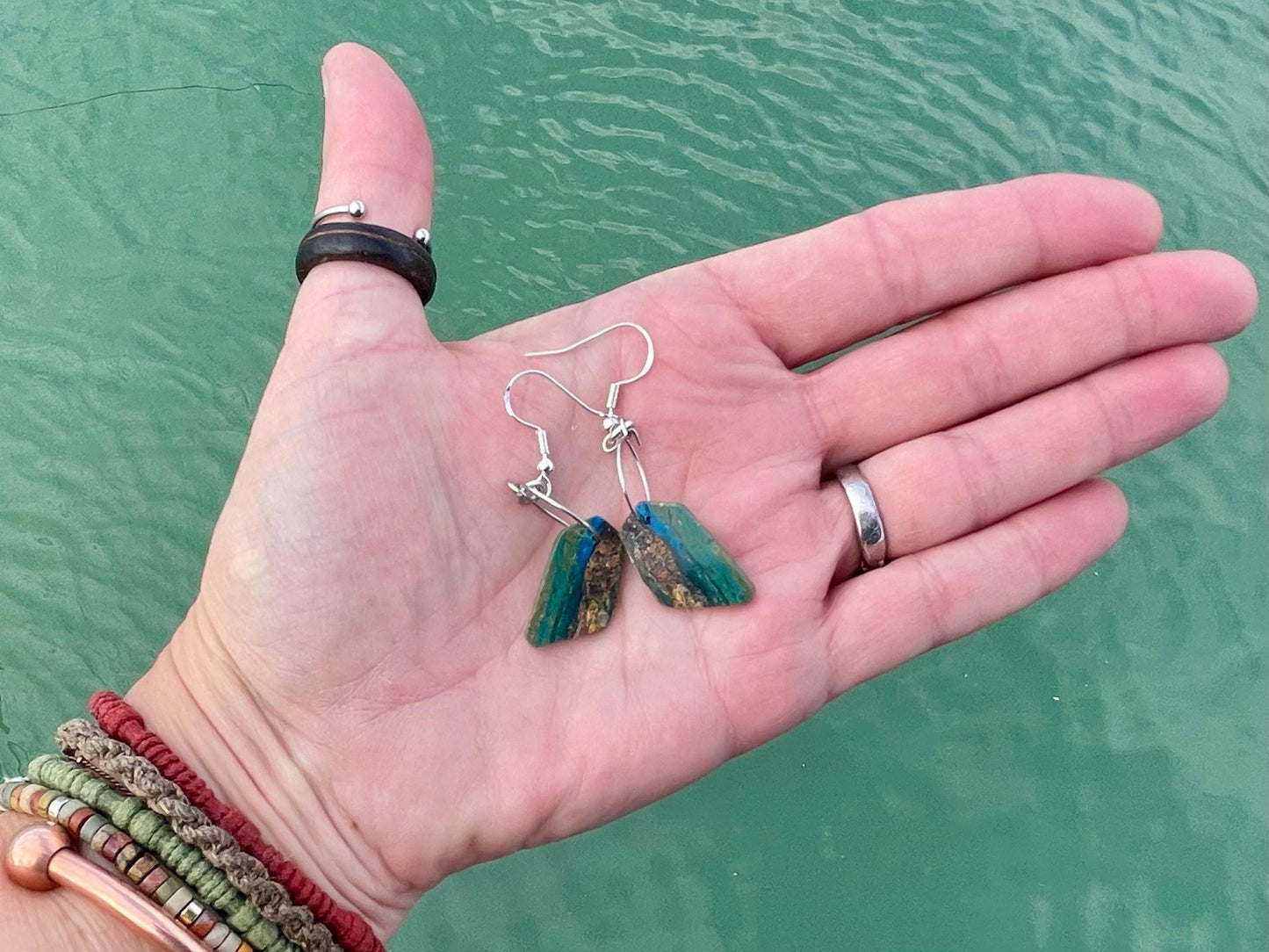 Blue opal nugget earrings on recycled sterling silver. Handmade unusual earrings. Boho earrings. Uniqie jewellery.