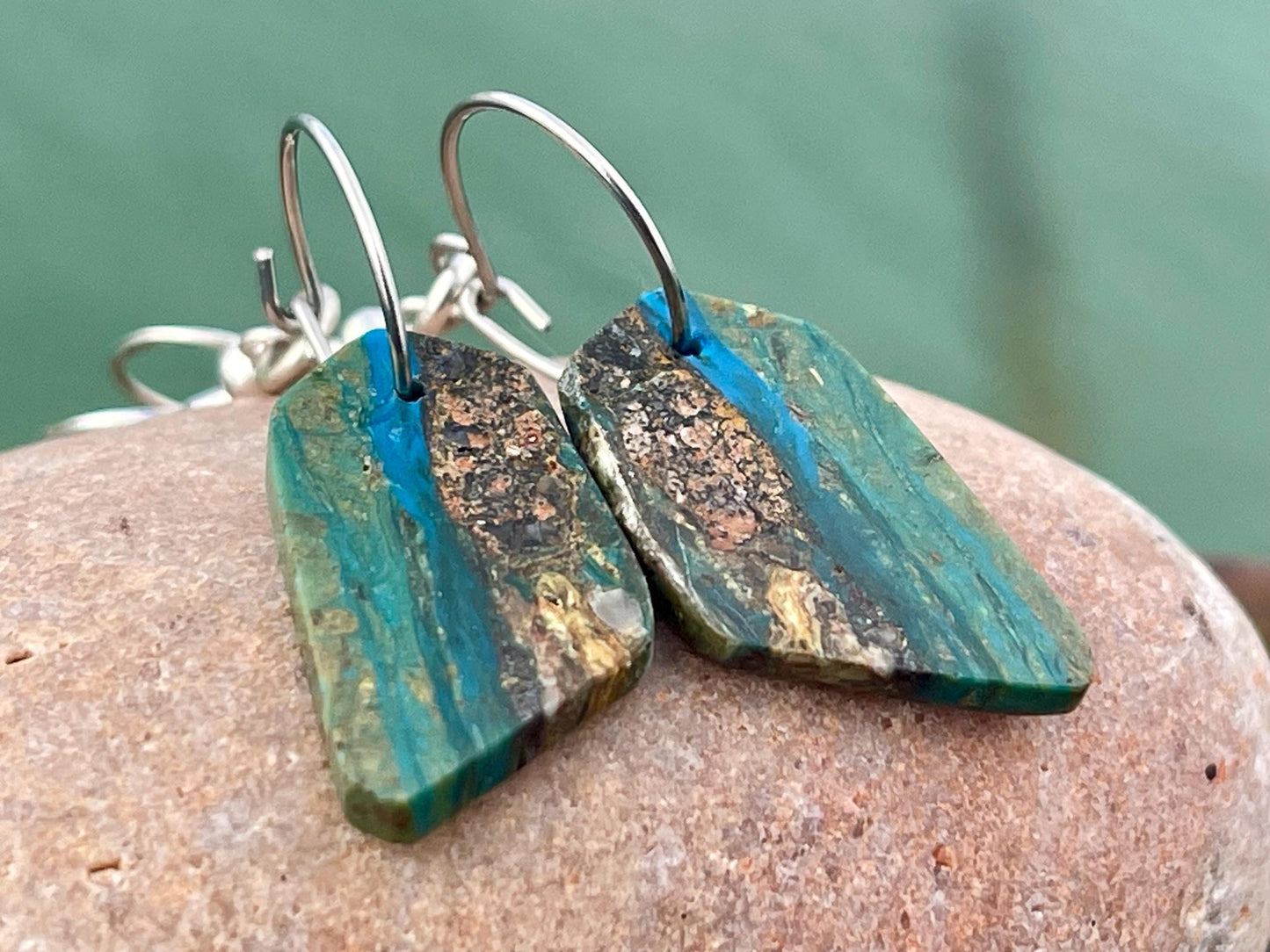 Blue opal nugget earrings on recycled sterling silver. Handmade unusual earrings. Boho earrings. Uniqie jewellery.