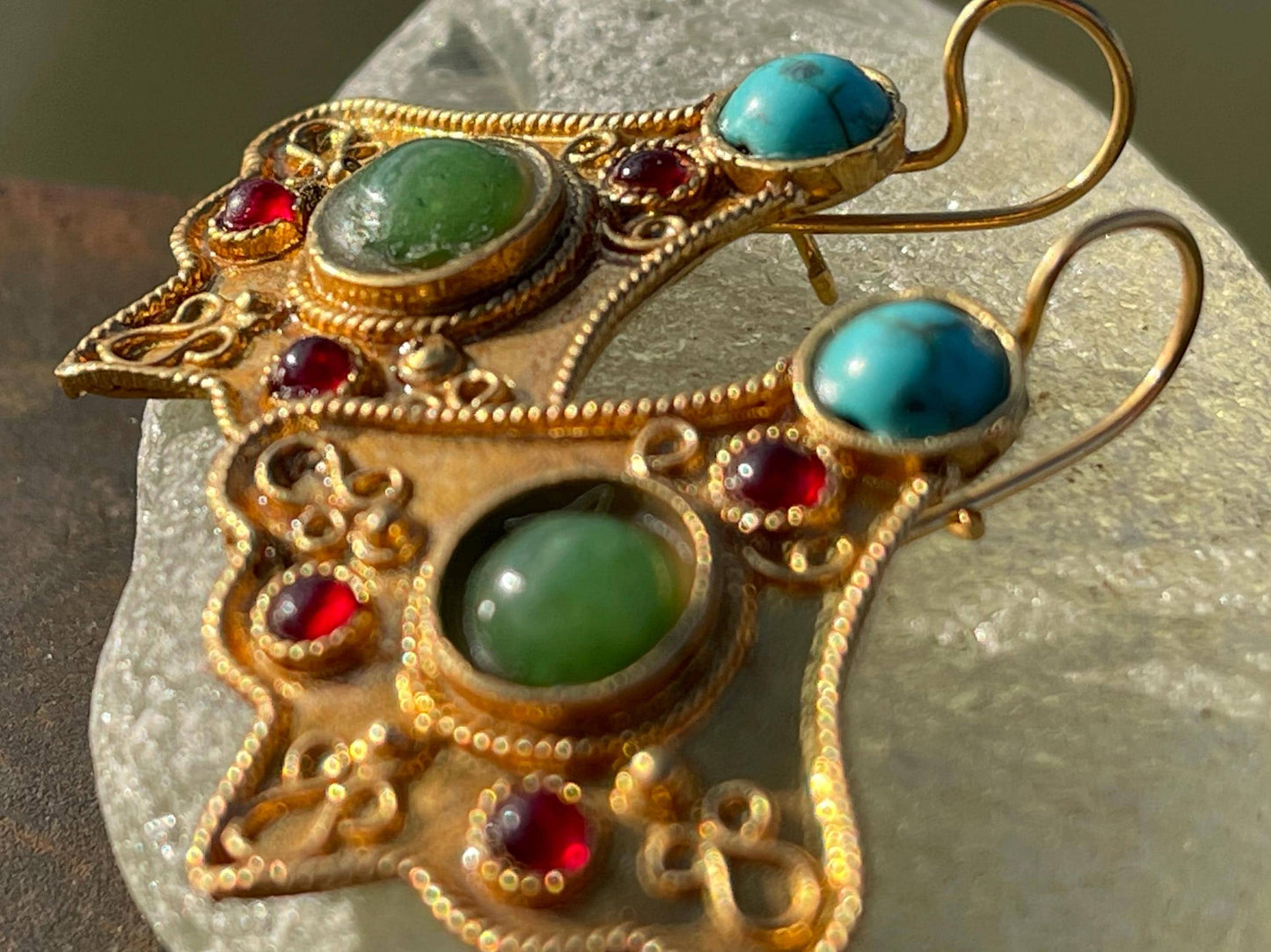 Gypsy jewellery, gold vintage earrings, red jewellery, ethical jewellery, gypsy earrings, romantic gifts, eco friendly jewellery