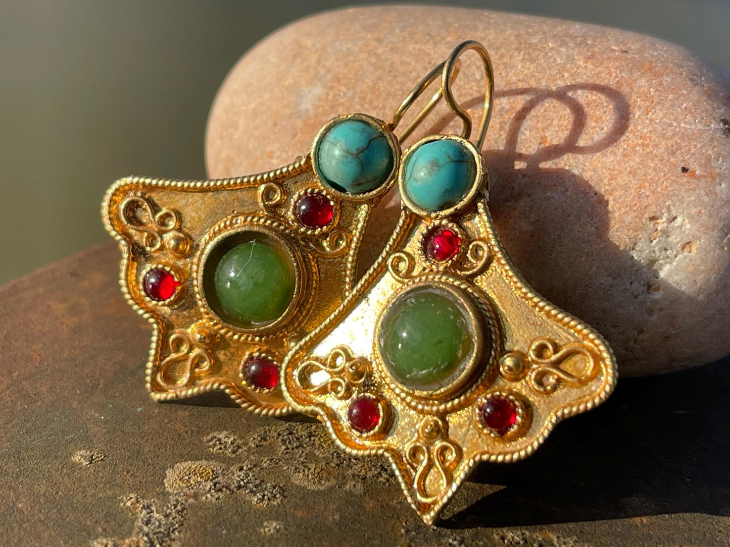 Gypsy jewellery, gold vintage earrings, red jewellery, ethical jewellery, gypsy earrings, romantic gifts, eco friendly jewellery
