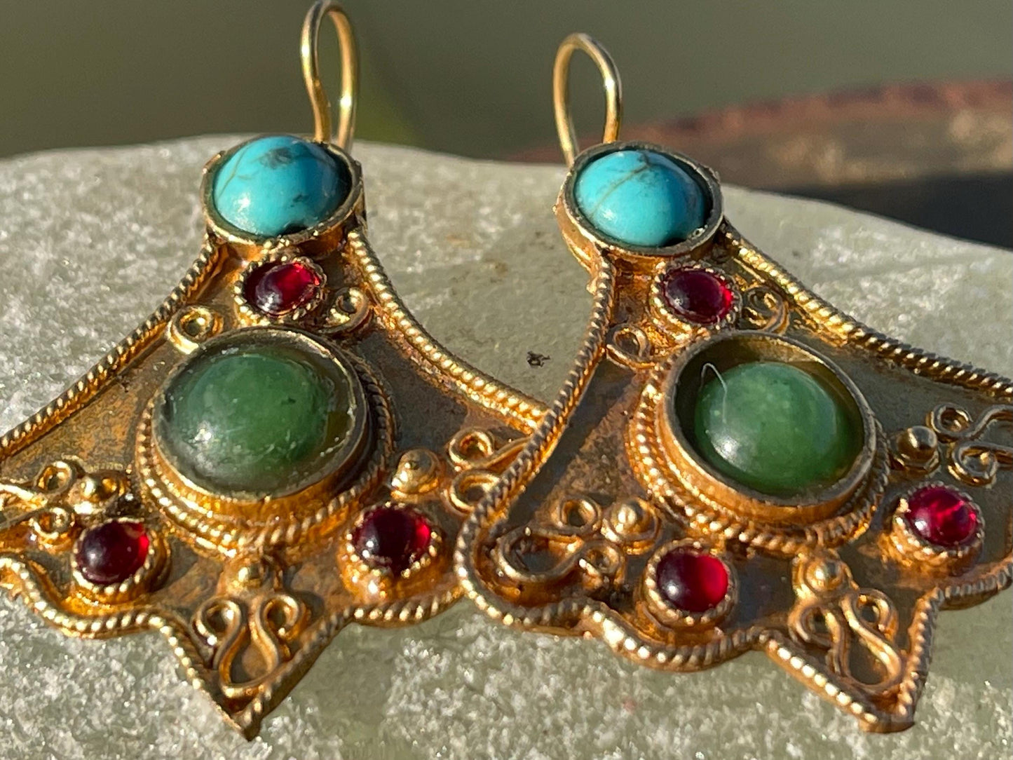 Gypsy jewellery, gold vintage earrings, red jewellery, ethical jewellery, gypsy earrings, romantic gifts, eco friendly jewellery