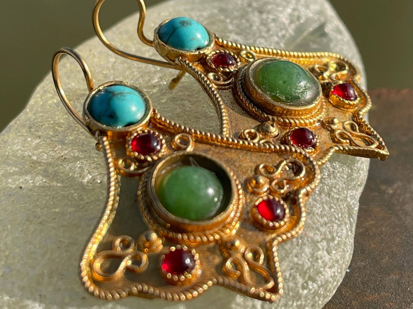 Gypsy jewellery, gold vintage earrings, red jewellery, ethical jewellery, gypsy earrings, romantic gifts, eco friendly jewellery