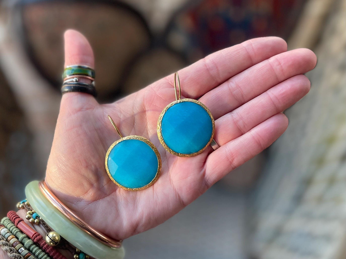 Gypsy jewellery, large blue vintage earrings, pink jewellery, ethical jewellery, gypsy earrings, romantic gifts, eco friendly jewellery