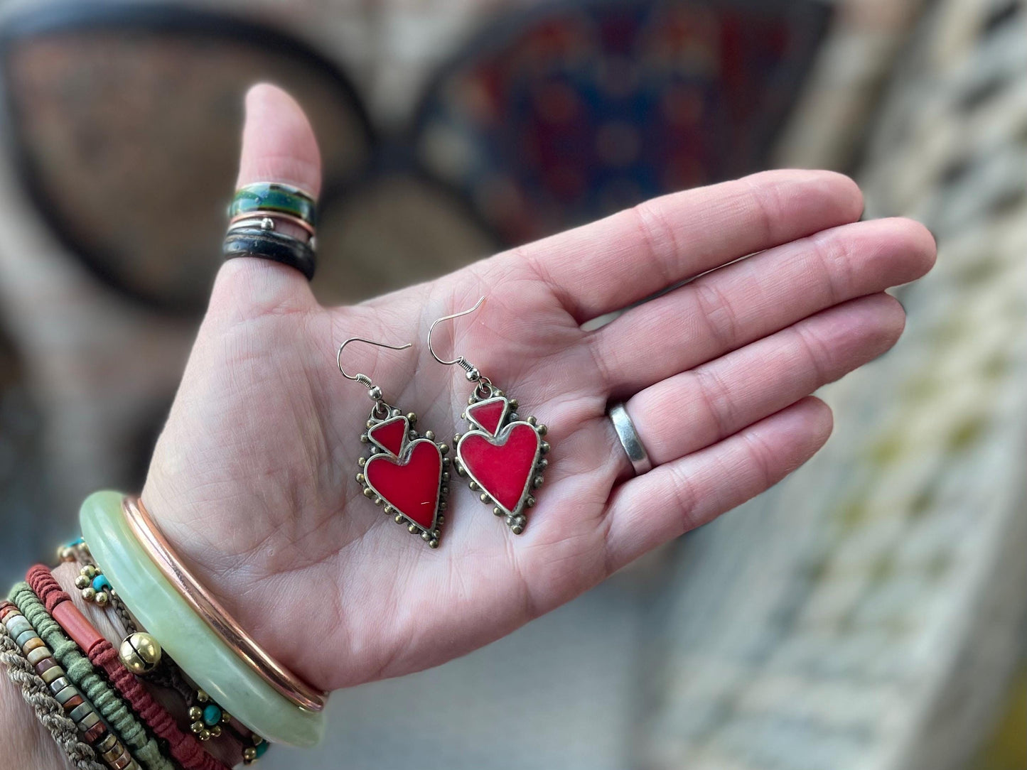 Vintage red heart earrings, heart jewellery, ethical jewellery, gypsy earrings, romantic gifts, eco friendly jewellery. Red hearts.