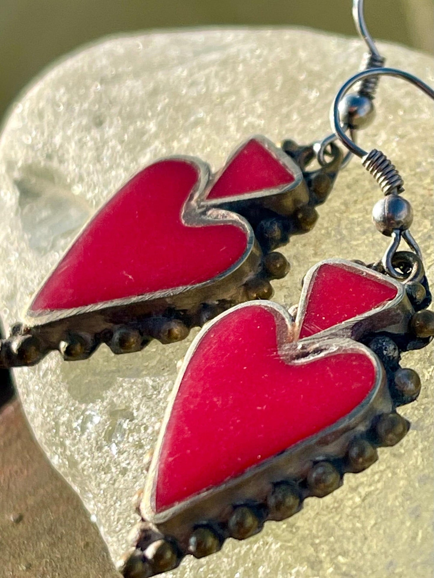Vintage red heart earrings, heart jewellery, ethical jewellery, gypsy earrings, romantic gifts, eco friendly jewellery. Red hearts.