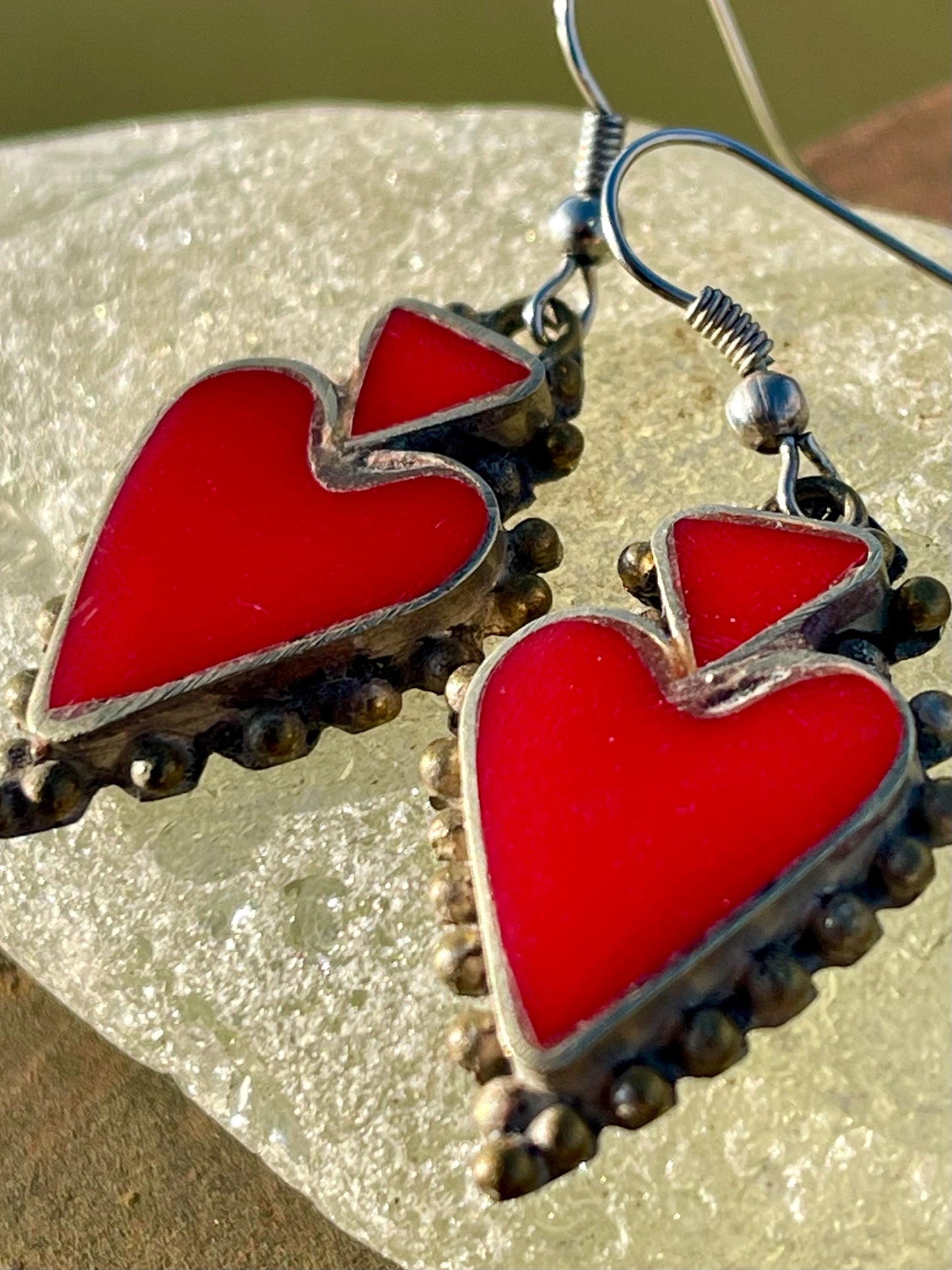 Vintage red heart earrings, heart jewellery, ethical jewellery, gypsy earrings, romantic gifts, eco friendly jewellery. Red hearts.