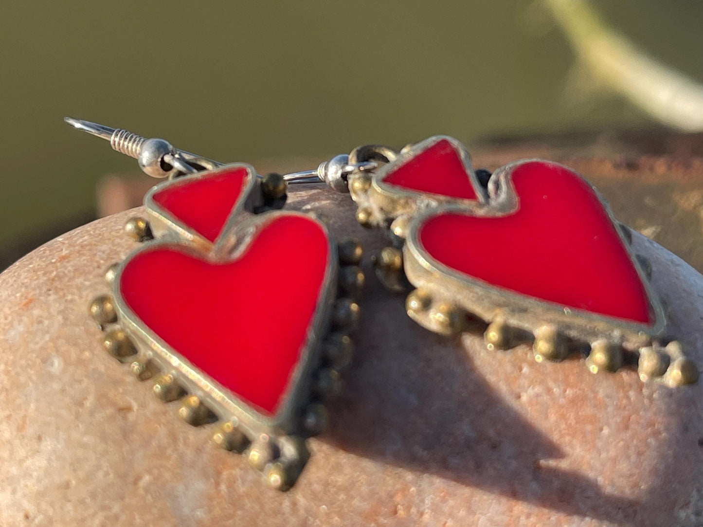 Vintage red heart earrings, heart jewellery, ethical jewellery, gypsy earrings, romantic gifts, eco friendly jewellery. Red hearts.