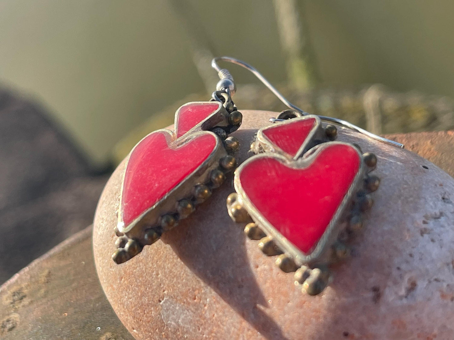 Vintage red heart earrings, heart jewellery, ethical jewellery, gypsy earrings, romantic gifts, eco friendly jewellery. Red hearts.