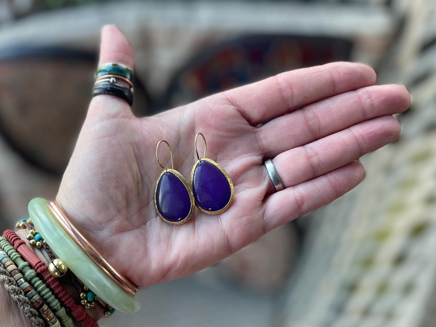 Gypsy jewellery, gold and purple vintage earrings, purple jewellery, ethical jewellery, romantic gifts, eco friendly jewellery.