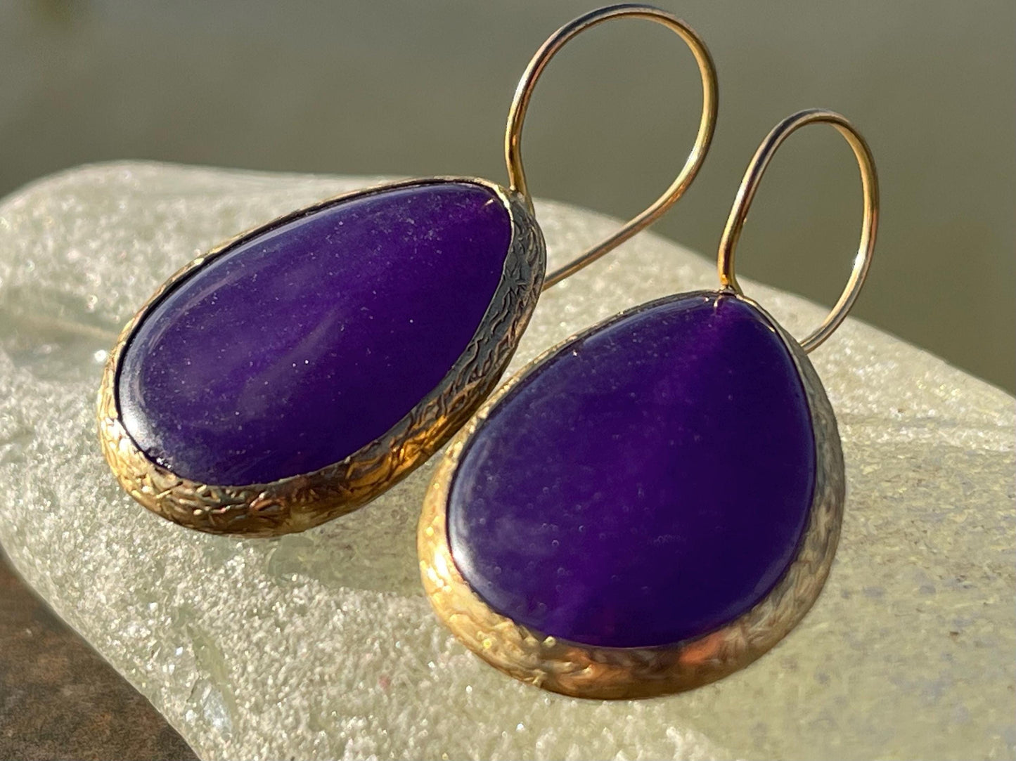 Gypsy jewellery, gold and purple vintage earrings, purple jewellery, ethical jewellery, romantic gifts, eco friendly jewellery.