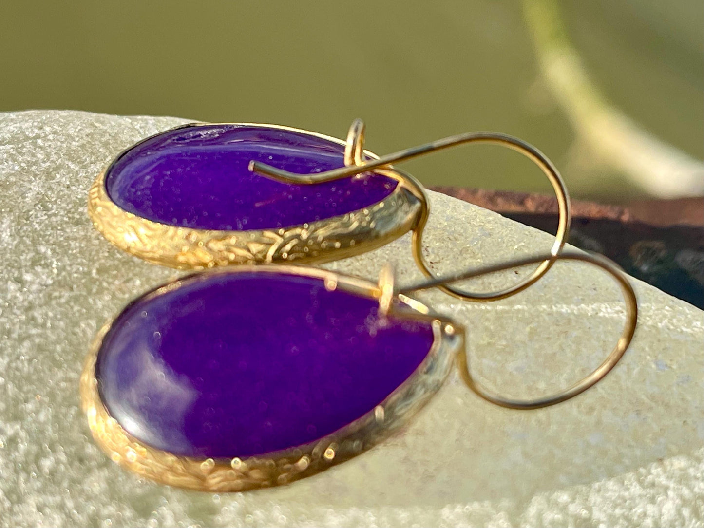 Gypsy jewellery, gold and purple vintage earrings, purple jewellery, ethical jewellery, romantic gifts, eco friendly jewellery.