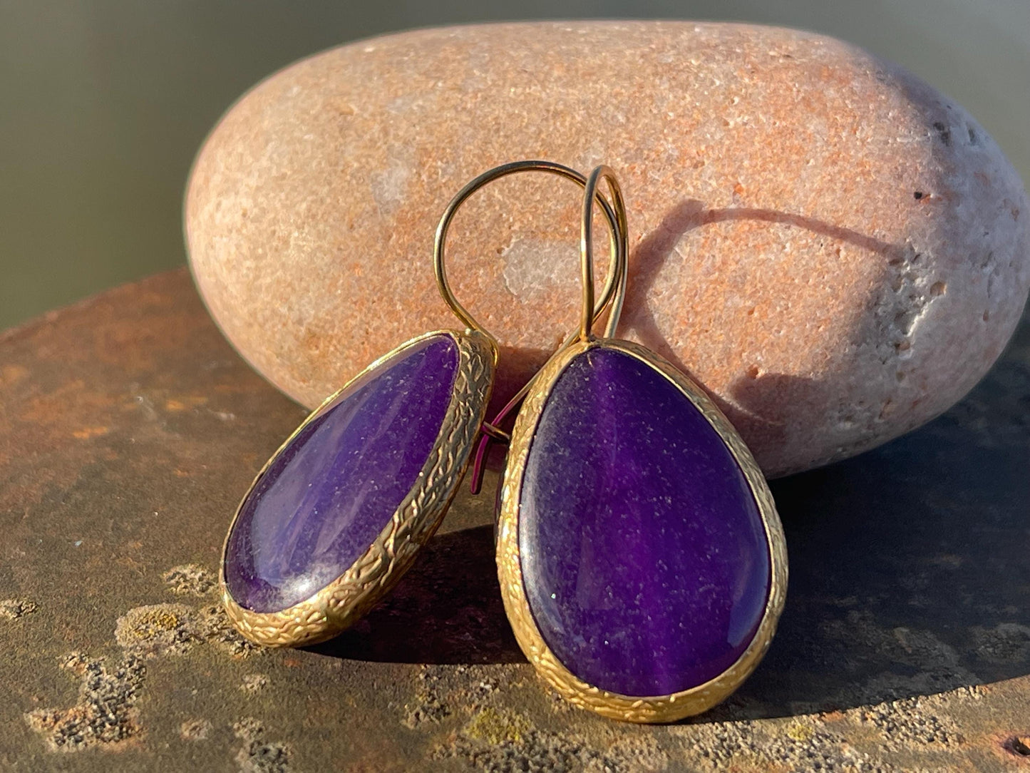 Gypsy jewellery, gold and purple vintage earrings, purple jewellery, ethical jewellery, romantic gifts, eco friendly jewellery.