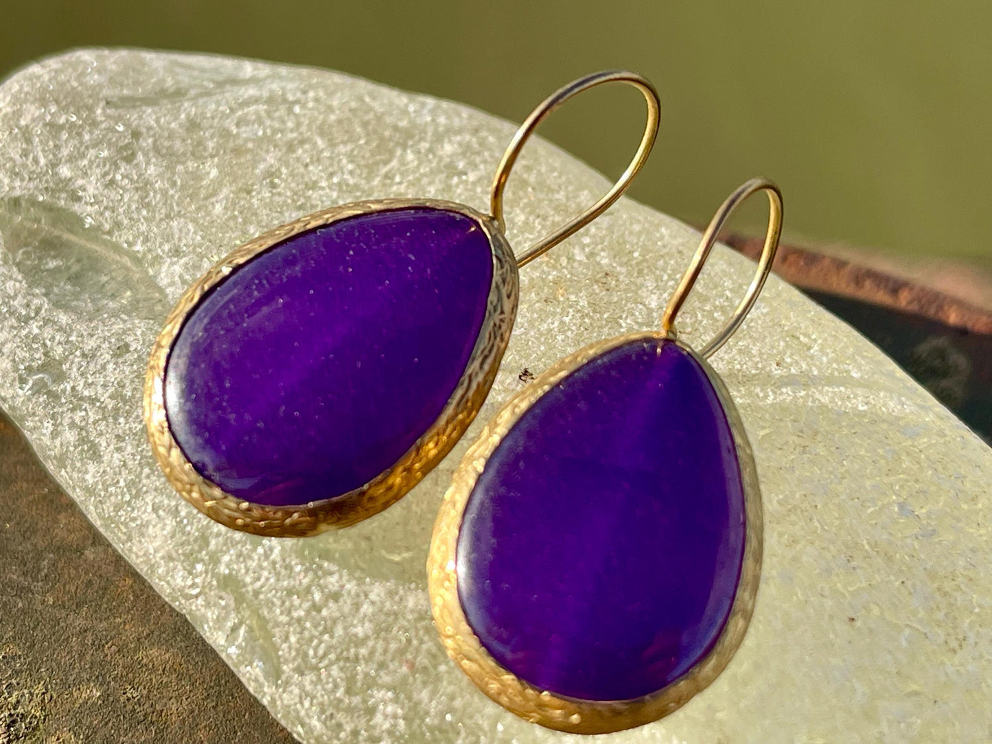 Gypsy jewellery, gold and purple vintage earrings, purple jewellery, ethical jewellery, romantic gifts, eco friendly jewellery.
