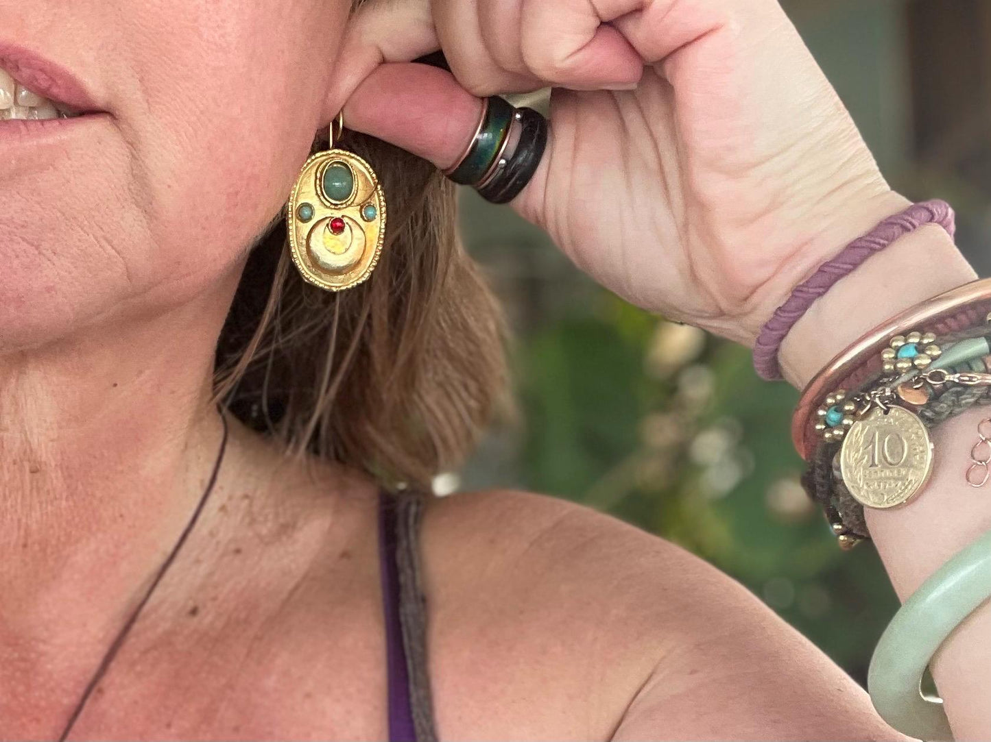 Gypsy jewellery, gold vintage earrings, red jewellery, ethical jewellery, gypsy earrings, romantic gifts, eco friendly jewellery