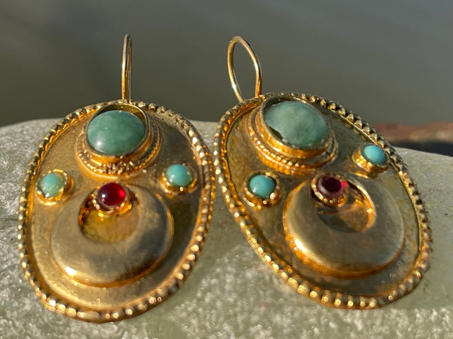 Gypsy jewellery, gold vintage earrings, red jewellery, ethical jewellery, gypsy earrings, romantic gifts, eco friendly jewellery