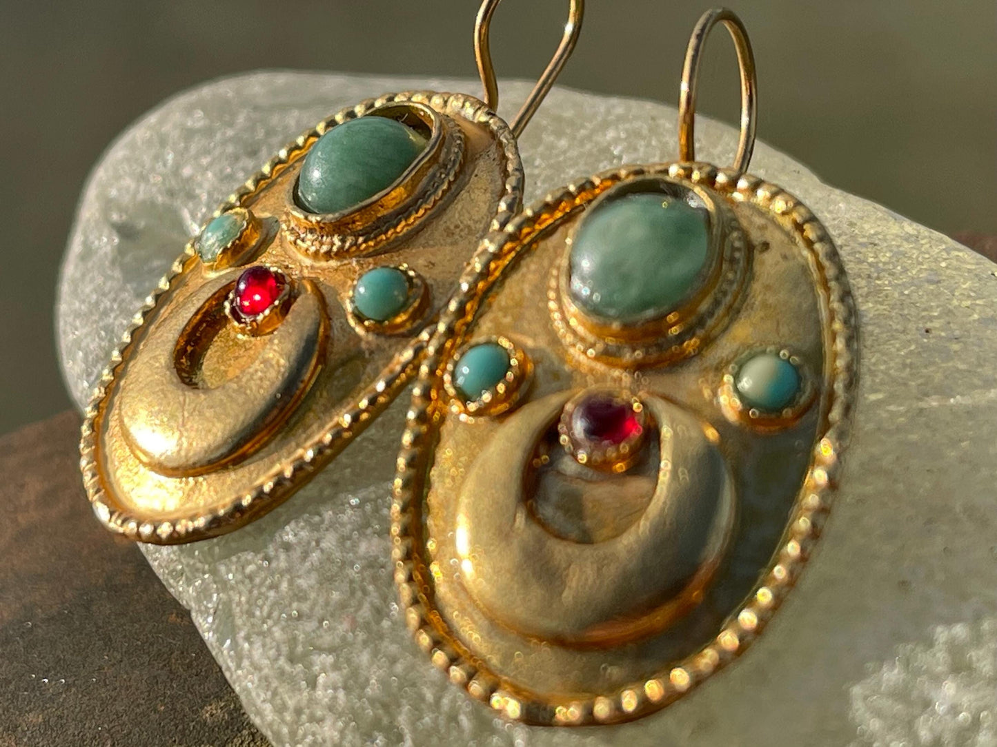 Gypsy jewellery, gold vintage earrings, red jewellery, ethical jewellery, gypsy earrings, romantic gifts, eco friendly jewellery
