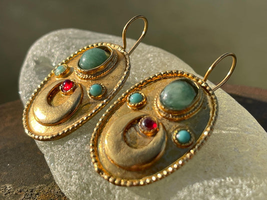 Gypsy jewellery, gold vintage earrings, red jewellery, ethical jewellery, gypsy earrings, romantic gifts, eco friendly jewellery