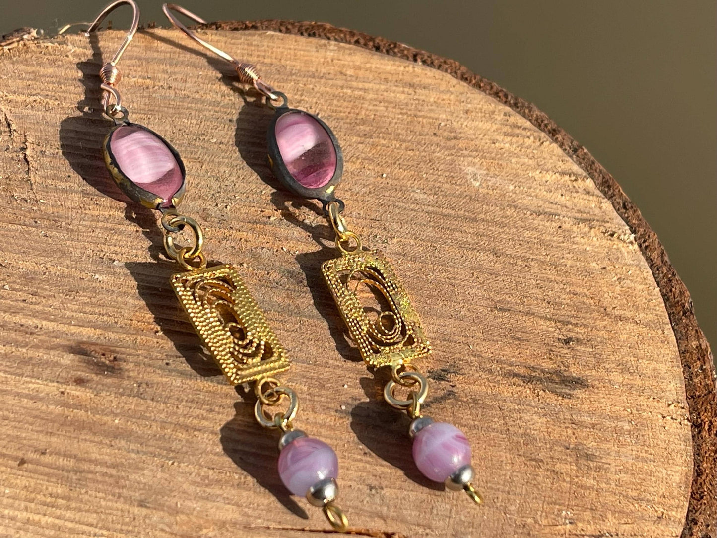 Beautiful pink & gold vintage earrings. Eco friendly jewellery made from stunning vintage beading. Eco friendly earrings. Ethical jewellery.