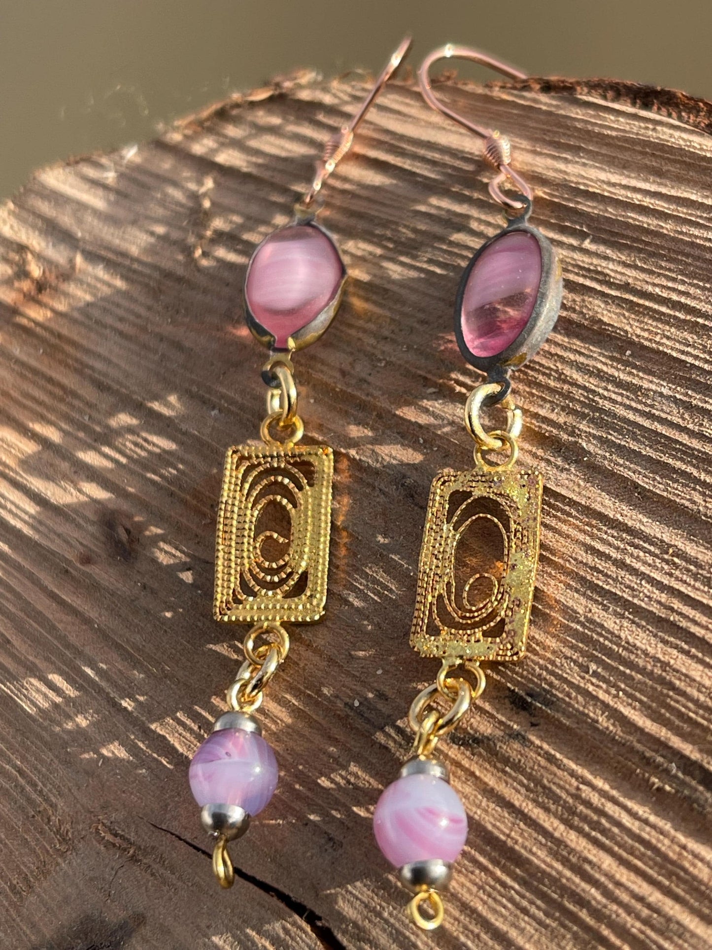 Beautiful pink & gold vintage earrings. Eco friendly jewellery made from stunning vintage beading. Eco friendly earrings. Ethical jewellery.