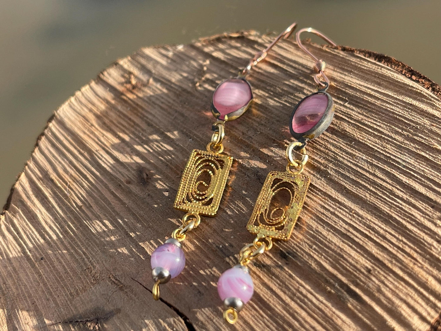 Beautiful pink & gold vintage earrings. Eco friendly jewellery made from stunning vintage beading. Eco friendly earrings. Ethical jewellery.