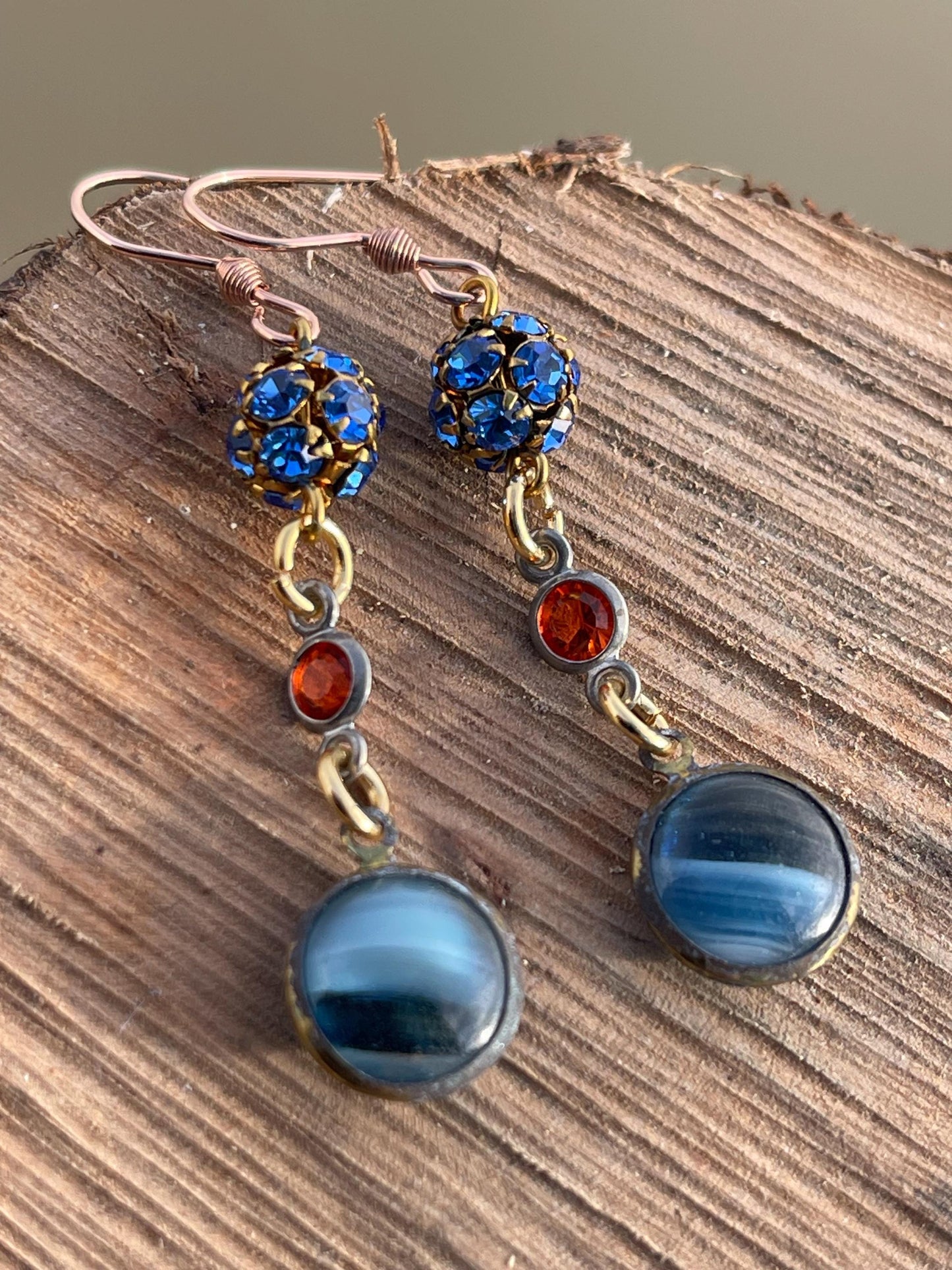 Beautiful blue & red vintage earrings. Eco friendly jewellery made from stunning vintage beading. Eco friendly earrings. Ethical jewellery.