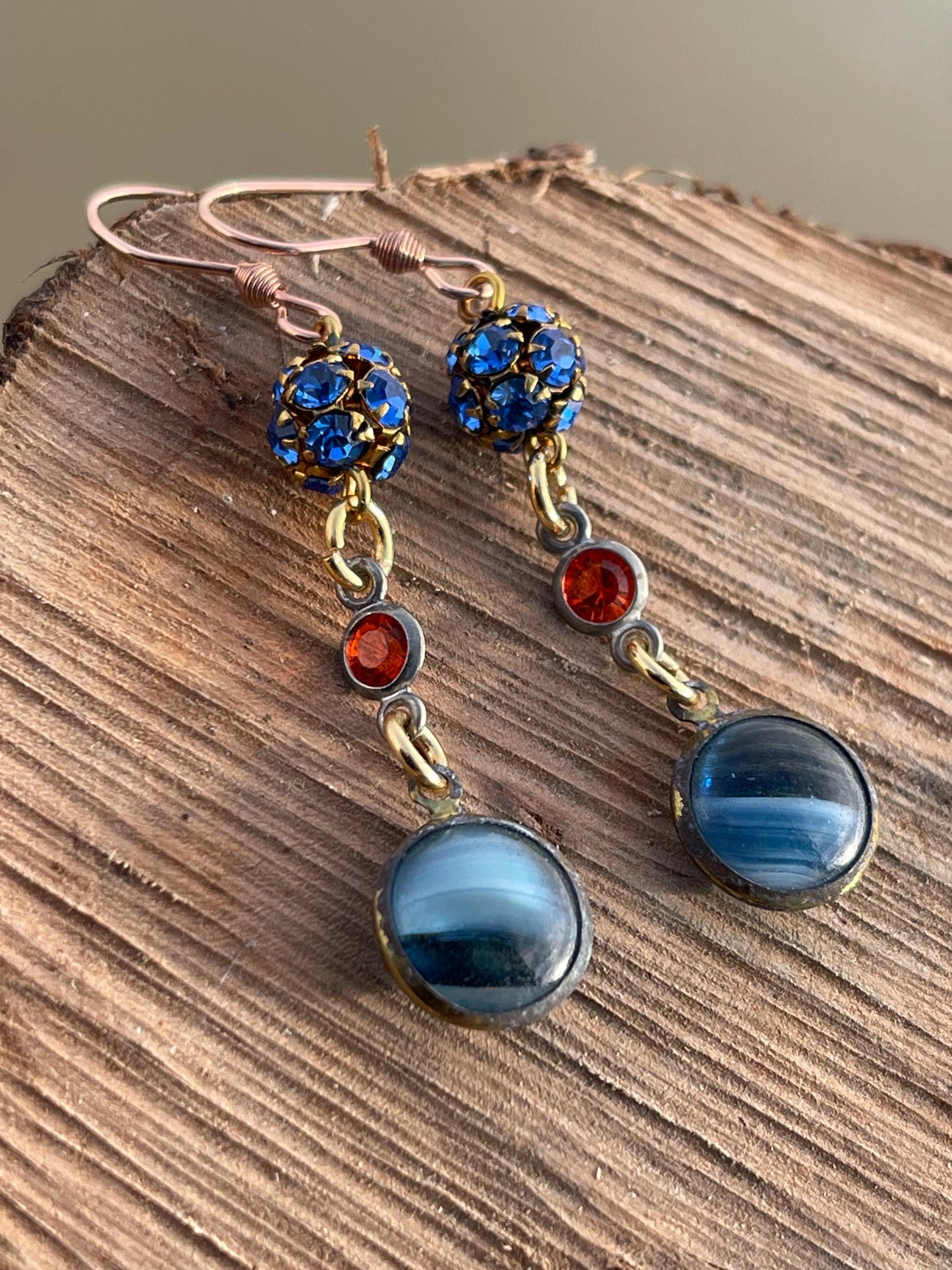 Beautiful blue & red vintage earrings. Eco friendly jewellery made from stunning vintage beading. Eco friendly earrings. Ethical jewellery.