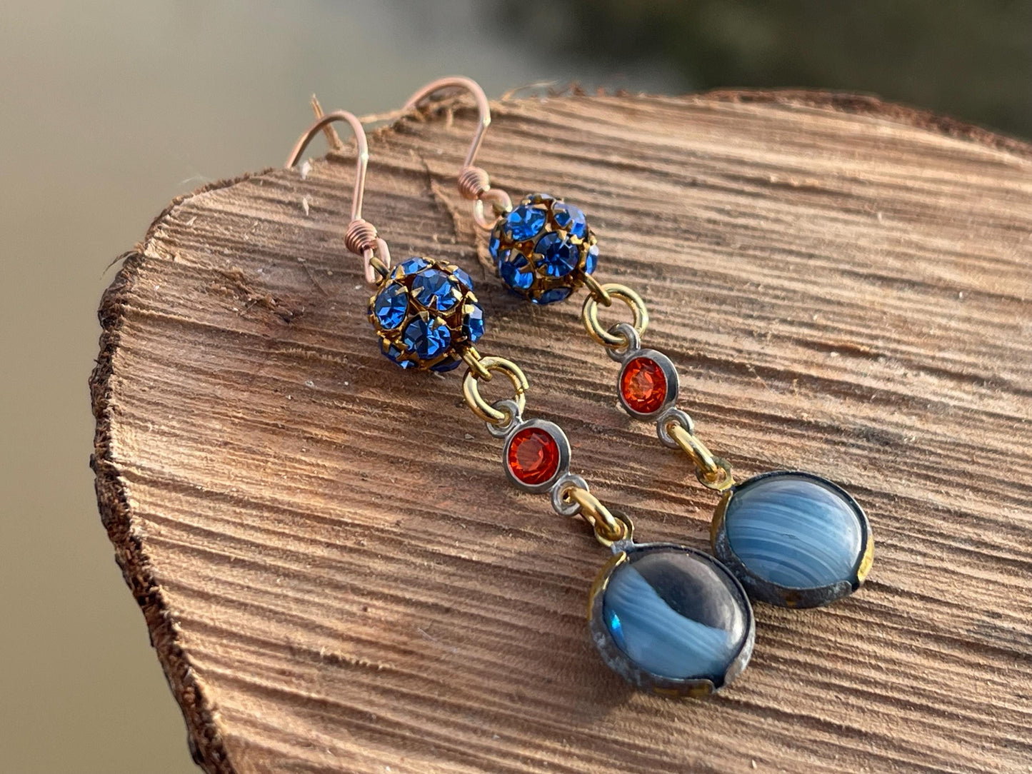 Beautiful blue & red vintage earrings. Eco friendly jewellery made from stunning vintage beading. Eco friendly earrings. Ethical jewellery.