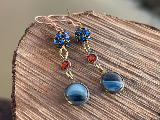 Beautiful blue & red vintage earrings. Eco friendly jewellery made from stunning vintage beading. Eco friendly earrings. Ethical jewellery.