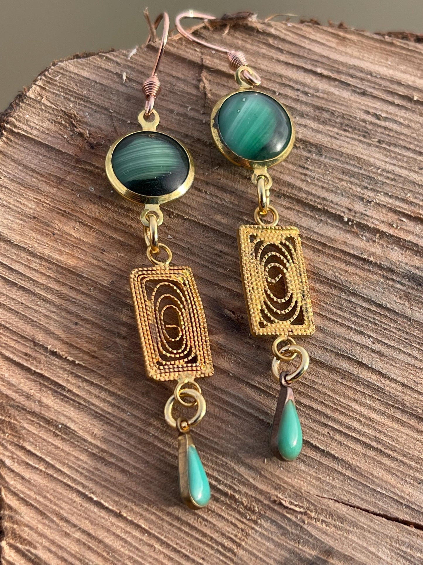 Beautiful green & gold vintage earrings. Eco friendly jewellery made from stunning vintage beading. Eco friendly earrings. Ethical jewellery