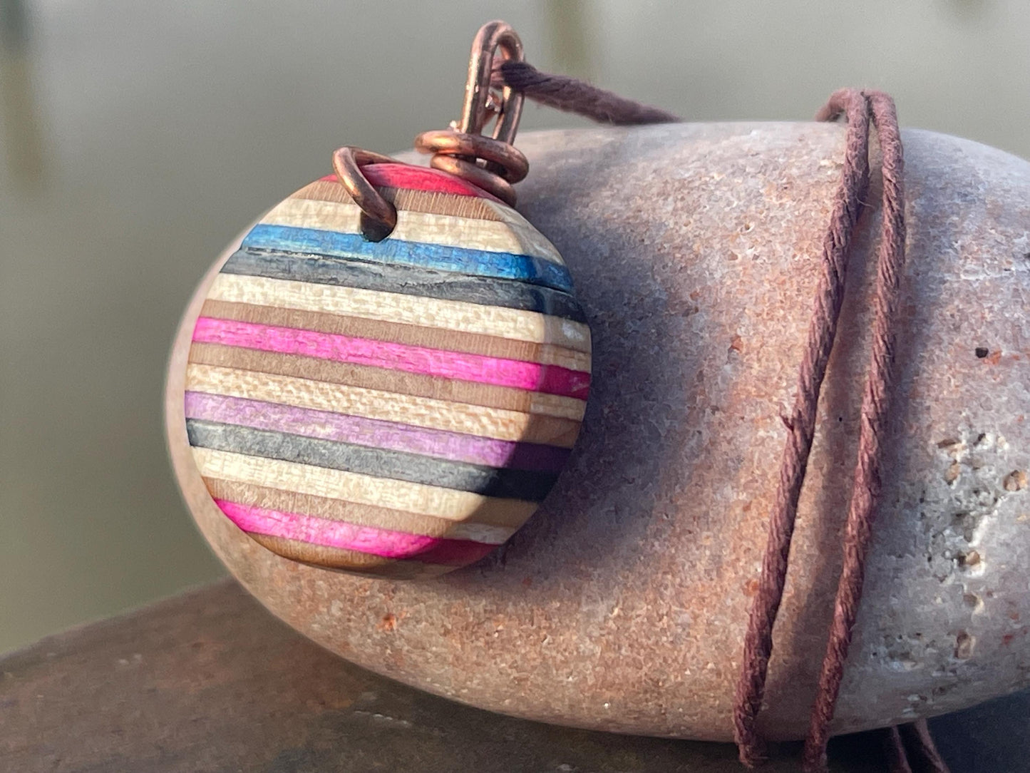 PINK Handmade pendant made from old skateboards. Skateboard necklace. Unique gifts for men. Sustainable jewellery. Eco friendly jewellery.