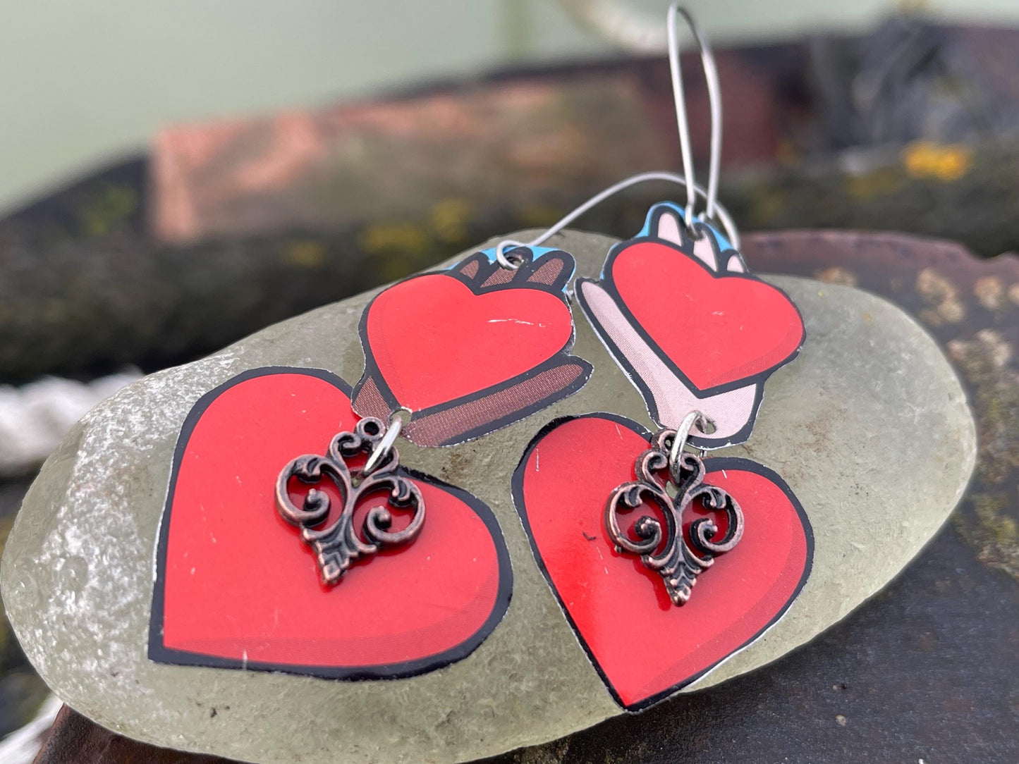 Recycled earrings, heart jewellery, recycled jewellery, heart earrings, eco friendly jewellery, boho gift for her, ethical jewellery