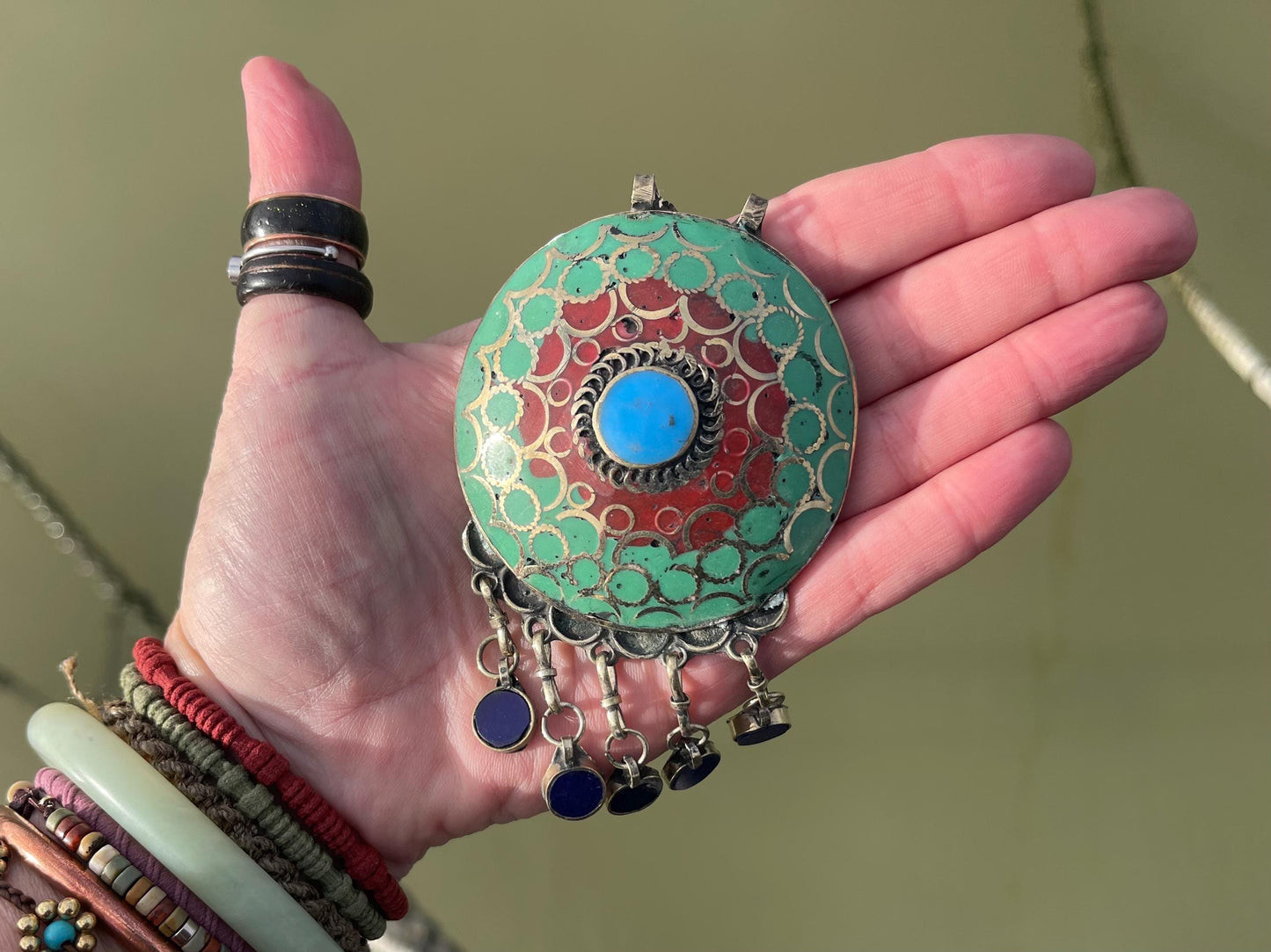 Gypsy jewellery. Very large statement necklace. Vintage jewellery, ethical jewellery, red and green pendant, boho necklace, unique necklace